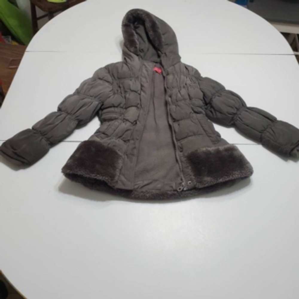 Catherine Malandrino Girls Puffer Jacket Gray Snap Buttons Full Zip Hooded Small